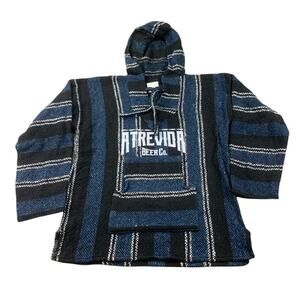 Baja Atrevida Beer‎ Co. Poncho Hoodie Men M Blue Pullover Mexican Striped Woven